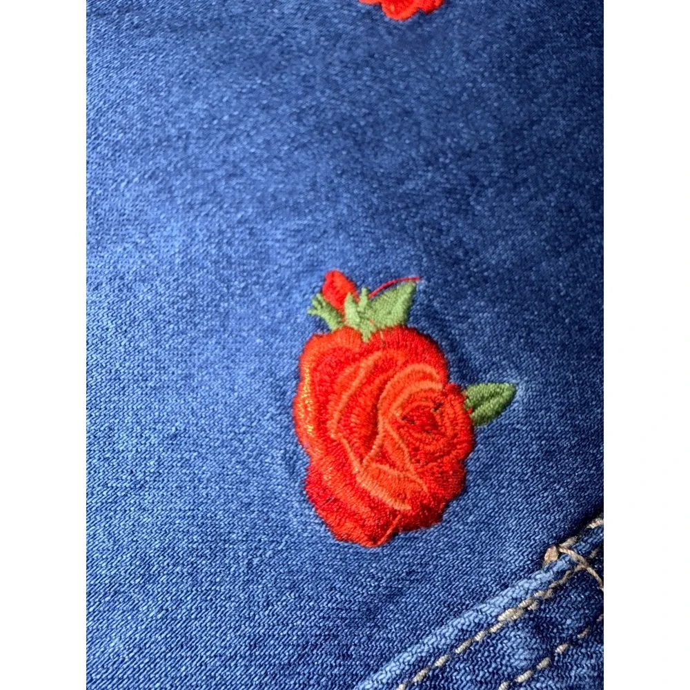 Hydraulic Denim Skirt Women 12 Blue Excellent Rose Embroidered Raw Hem Mini